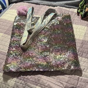 Multicolor Sequin Tote Bag with Pom Pom